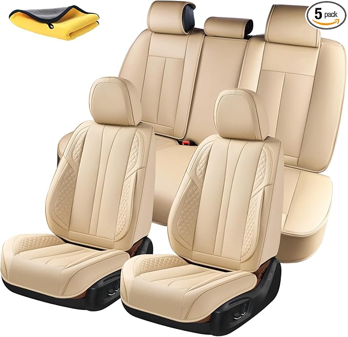 5-Seater Car Seat Covers Full Set Waterproof and Breathable Nappa Leather, Fit for Front and Rear Seats of Cars, Compatible with Airbags, Car Seat Protector Covers for Most Cars - Beige