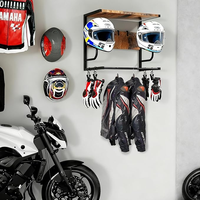 AstraLoom Heavy-Duty Motorcycle Helmet Wall Mount with 4 Glove Clips & 4 Utility Hooks - Universal Storage Rack for Helmets, Jackets & Riding Gear(Rustic Style)