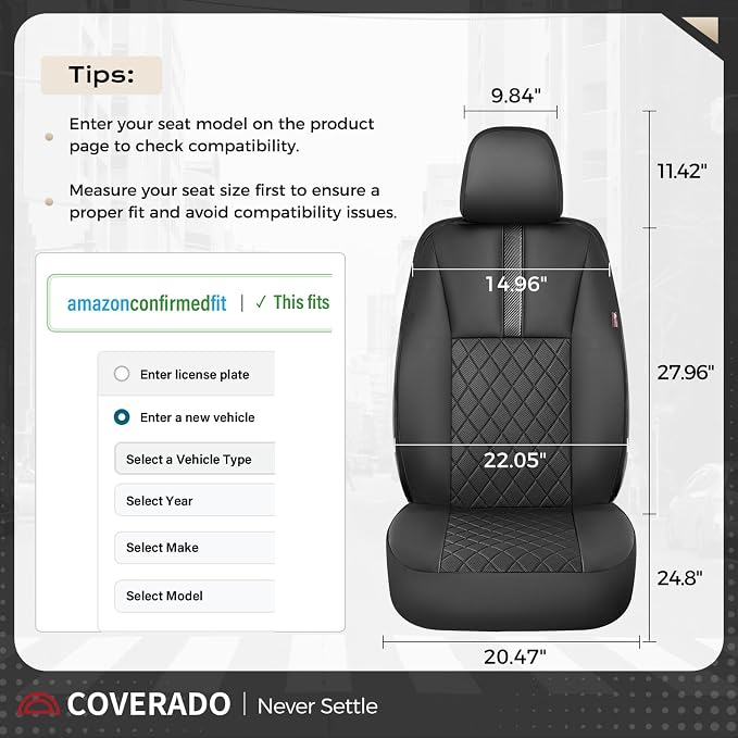 Coverado Car Seat Covers Front Pair, Automotive Leather Seat Covers for Car，Universal Fit Front Back Seat Cover, Non-Slip Waterproof Breathable Car Seat Protector