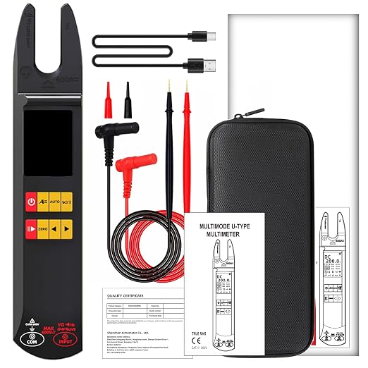 BSIDE DC AC Clamp Meter, Open-Jaw 600A with Smart, TRMS Color LCD Rechargeable Digital Multimeter, Amp Capacitance Diode Duty Cycle Ohm Hz Continuity V-Alert Live Check Voltage Tester with Flashlight