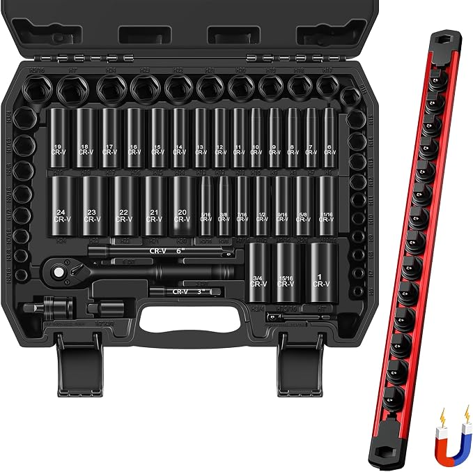 ALOANES 3/8 Red Magnetic Socket Organizer and 64-Piece 3/8" Drive Socket Set, SAE (5/16"-1") & Metric (6mm-24mm)