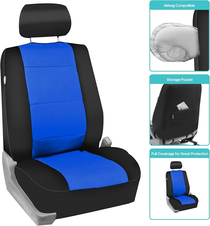 FH Group Waterproof Neoprene Car Seat Covers Front Set – Universal Fit Front Seat Covers with Storage Pockets, Airbag Compatible Automotive Seat Covers for Cars, SUVs & Vans, Blue