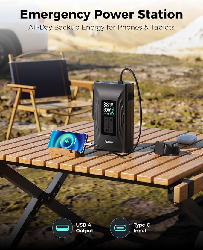 ASMAX T20 7-in-1 Portable Jump Starter with Air Compressor, 3000A Car Battery Booster with Smart Battery Clamps, 12V Jump Box for 9.0L Gas/6.5L Diesel Engines, 150PSI Auto-Shutoff Tire Inflator
