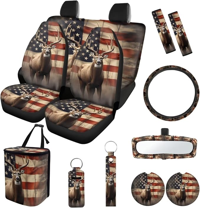 Suobstales Deer American Flag Print Car Accessories Car Seats Cover Protector, Steering Wheel Covers, Seatbelt Cover, Car Trash Can, Cup Coasters, Rearview Mirror Cover, Keychains, Pack of 13