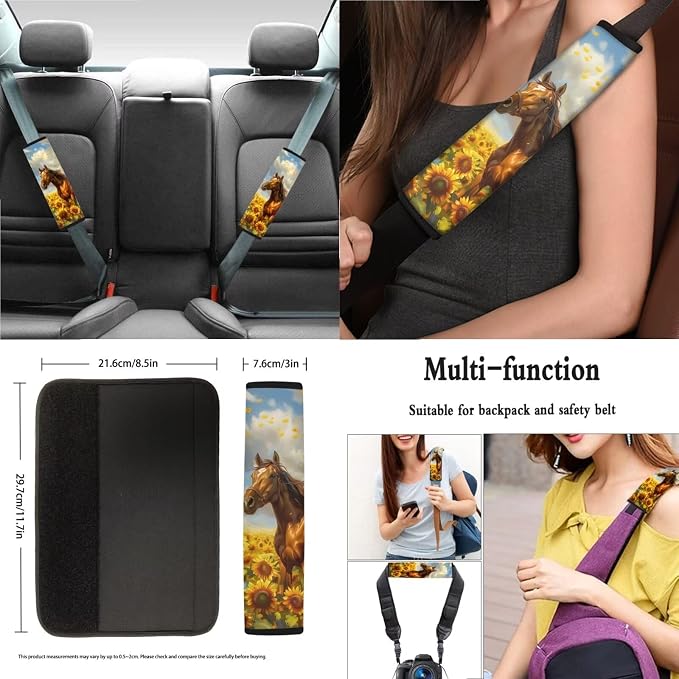 Horse Sunflower Pattern 13 Pieces Car Accessories, Front and Rear Seat Covers Full Set + Soft Steering Wheel Cover + Safe Belt Covers + Coasters with Notch Wear Resisting Interior Covers