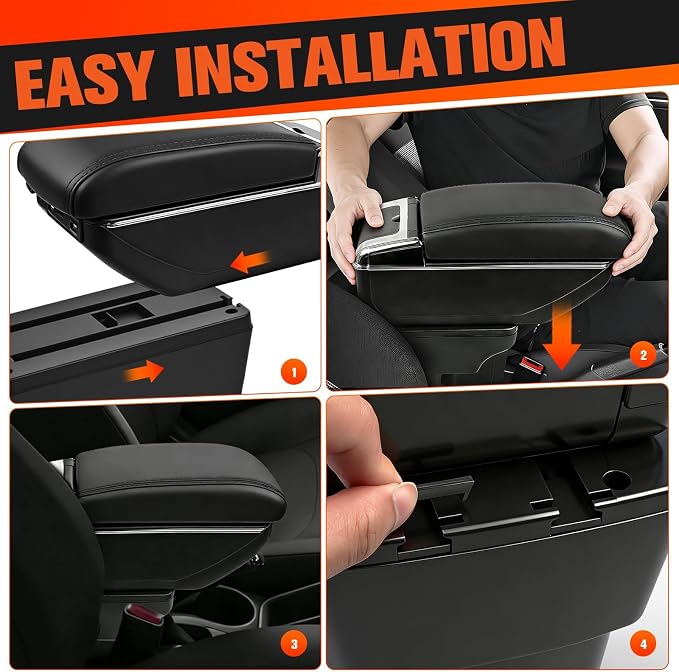 Armrest Box Compatible with Kia Rio 2012 2013 2014 2015 2016, Double Layer Black Leathe Center Console Organizer with 7 USB Ports, Adjustable Armrest Pad, Cup Holder,Ashtray(Black Thread)