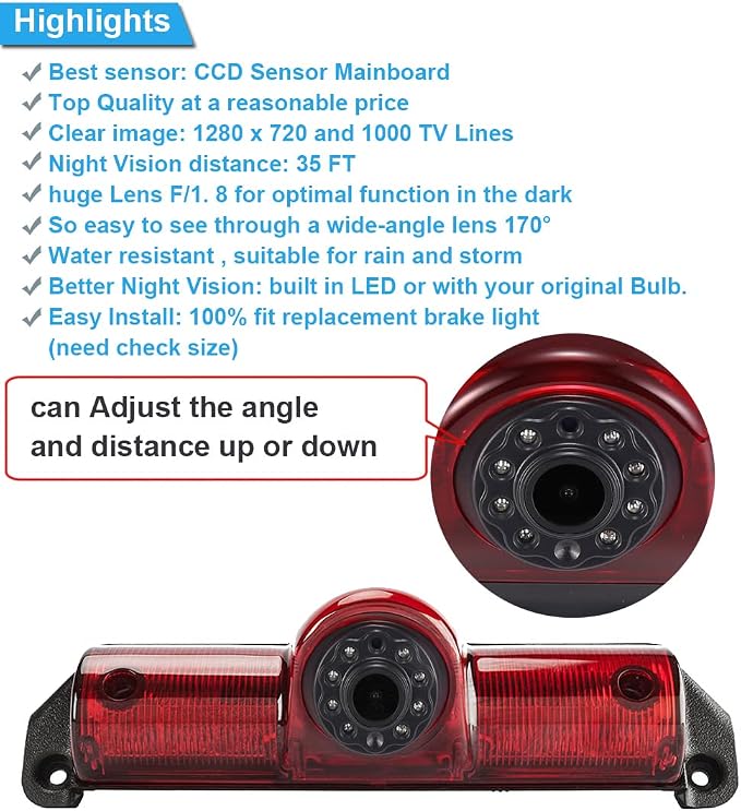 1280 * 720 Pixels Car Third Roof Brake Lamp Rear View Backup Camera Replacement for Chevrolet Express GMC Savana Vans Exporer Vans Cargo Waterproof Night Vision Parking Reverse Camera