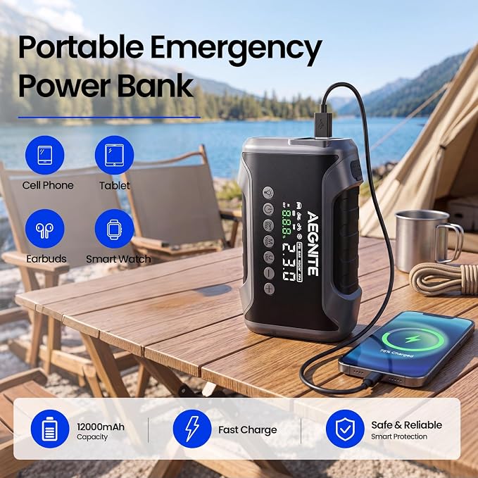 Jump Starter with 150PSI Air Compressor, Multi-Functional Portable Car Battery Booster for Vehicle Battery Jump Start, 4 in 1 Tire Inflation, Device Charging and LED Light