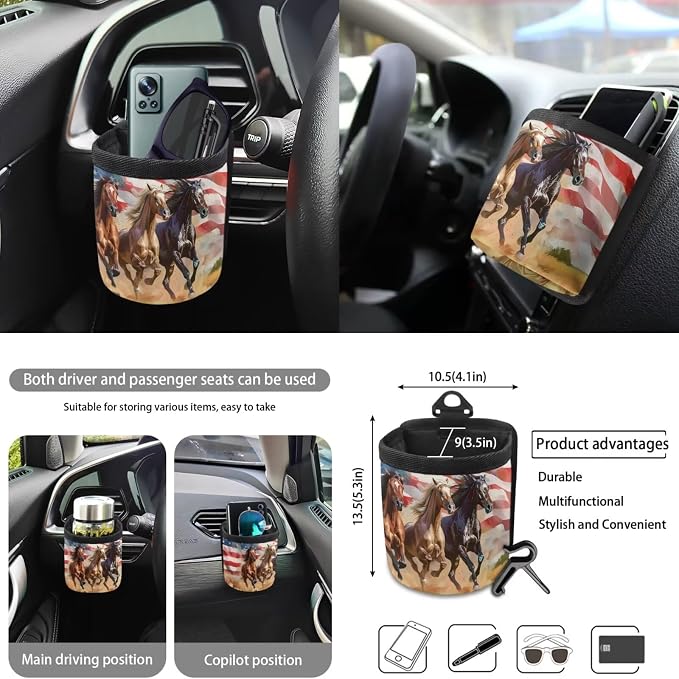 Horses American Flag Print Car Accessories Pack of 10, Front and Rear Seat Covers Car Trash Bin Steering Wheel Cover Cup Holders Keychain Air Vent Storage Bag Car Interior Decor Fit Most Cars