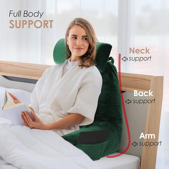 Nestl Reading Pillow with Shredded Memory Foam Includes 2 Neck and Lumber Support Pillows, Designed for Sitting Up in Bed and Couch, Back and Arms Adjustable Support for Adult & Teens, Dark Green