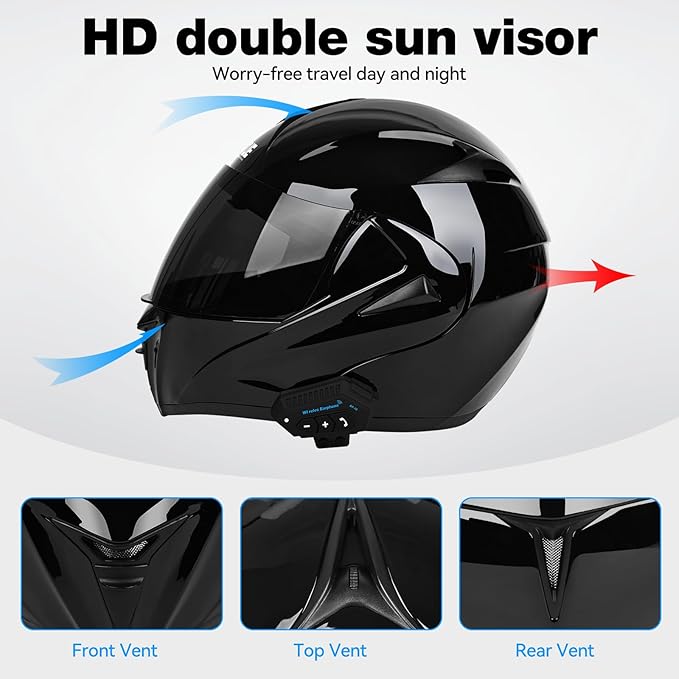 Bluetooth Modular Motorcycle Helmet DOT/ECE Approved Full Face Flip up Anti-Fog Double Visor Helmet Built-in Dual Speaker with Microphone for Adult Men and Women