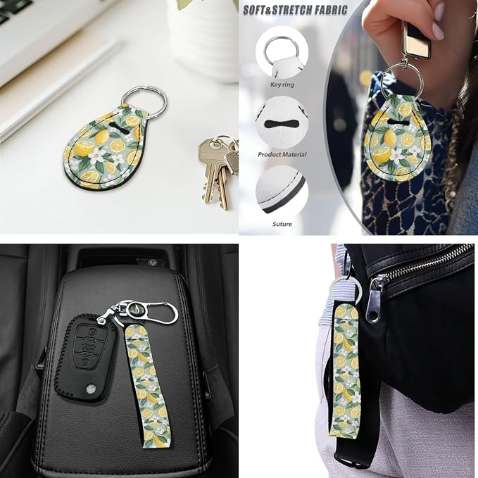 Lemon Car Seat Cover with Steering Wheel Cover,Car Sun Shade,Center Cushion,Seat Belt Covers Cup Holder with Keychain,Fruit Automotive Set Universal Fit Most Cars SUV Trucks,Green,16 Pack