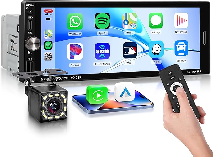 6.9 Inch Single Din Car Stereo with Wireless CarPlay/Android Auto/Mirror Link,1 Din IPS Touchscreen Car Radio Bluetooth Handsfree FM Type-C USB EQ Reverse Camera SWC