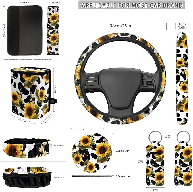 Sunflower Cow Print 12 Pack Car Decor Accessories Car Seat Covers Full Set Car Steering Wheel Cover Auto Seat Belt Cover Car Trash Can Rear View Mirror Cover Easy to Install