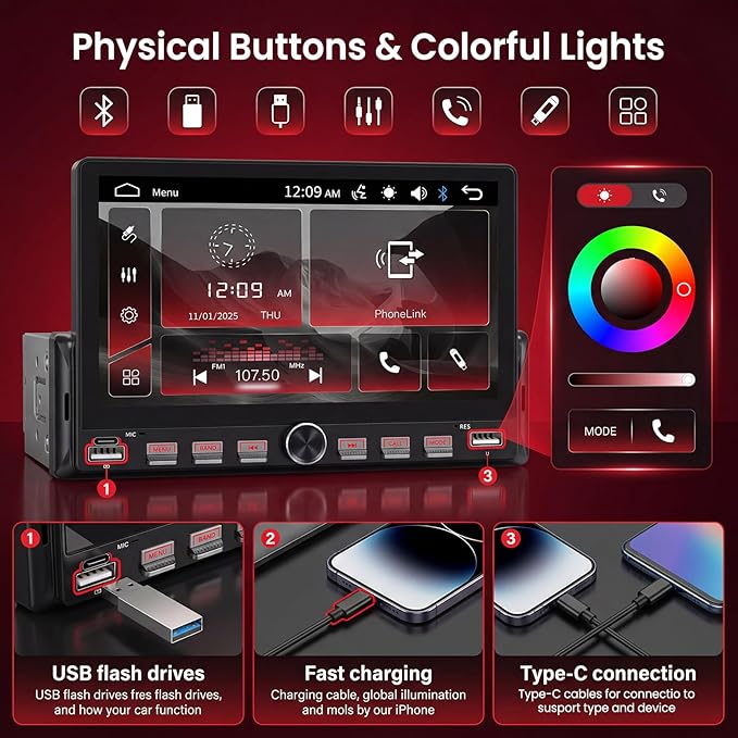 Single Din Car Radio with Bluetooth iOS/Android Mirror Link Share Same Video, 7" IPS Touch Screen Car Radio 1 Din with Piano Keys Support Backup Camera Mirror Link Bluetooth FM USB EQ SWC