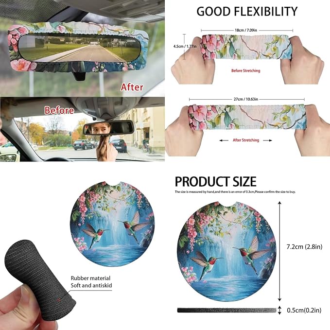 15 Pcs Blue Hummingbird Floral Car Seat Cover Full Set for Women with Car Steering Wheel Cover Seat Belt Cover Trash Bin Front Rear View Mirror Car Cup Holder Keychain