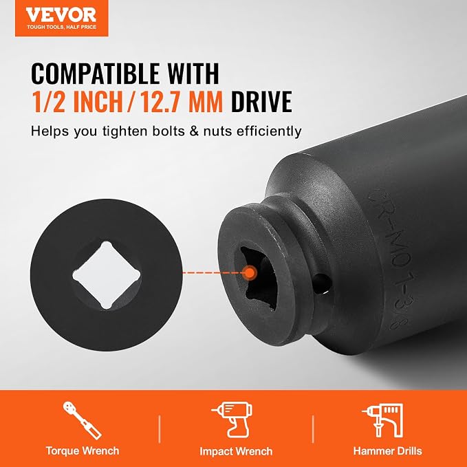 VEVOR Axle Nut Impact Socket Set, 1/2" Drive Deep 12-Point 8-Piece Metric Spindle Socket Set, CR-MO Heat Treated Large Socket Set with Storage Case, Auto Repair, Removing or Installing Axle Nuts