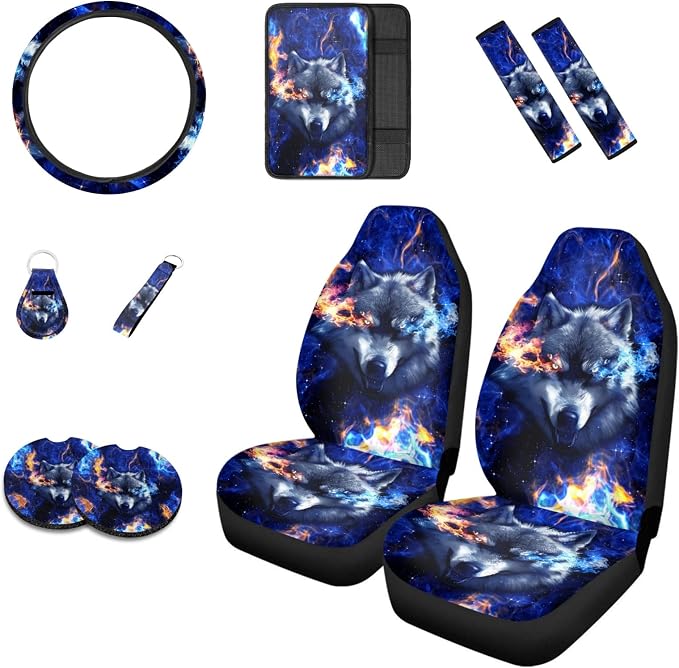Howilath Galaxy Fire Wolf Print Car Front Seat Covers, 10pcs Car Front Seat Covers/Steering Wheel Cover/Seatbelt Pads/Keychain/Armrest Cushion/Coasters Vehicle Seat Protector Accessories