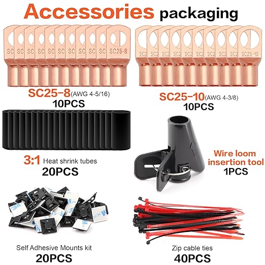 4 Gauge Wire(25ft Each - Red/Black) Copper Clad Aluminum CCA Automotive Wire with 50ft 1/2" Cable Sleeve - Ideal for Car Audio, Solar, Auto, RV, Marine Power & Ground Cables