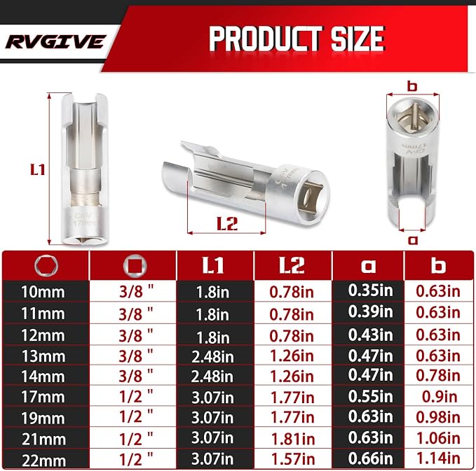 Flare Nut Slotted Socket Kit, 10mm-22mm, Metric Flare Nut Sleeve Kit, For Use in Narrow Locations Such As Wired Temperature Sensors, Thermal Switches, ABS Tubes, ETC. (9PCS)