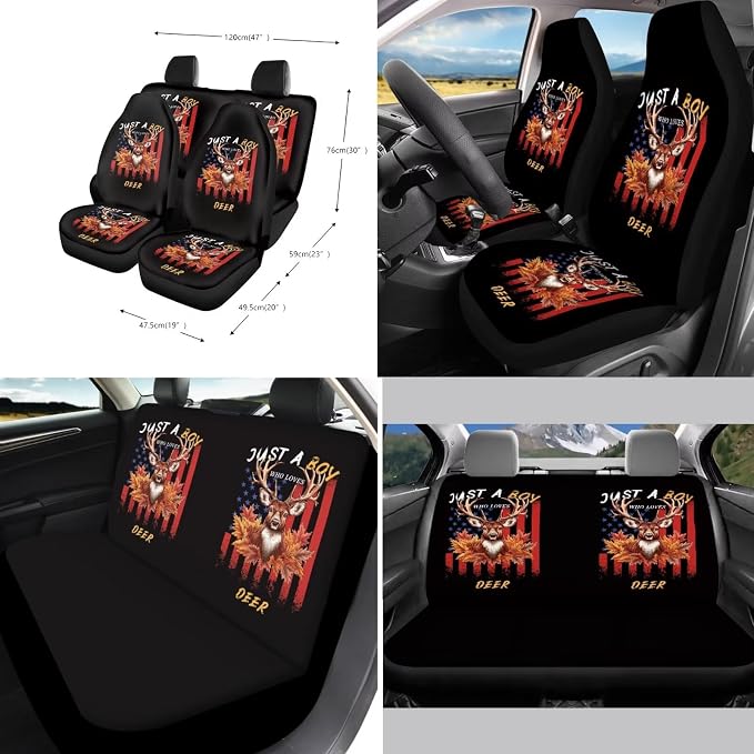 Xoenoiee Deer American Flag Maple Leaf Car Seat Cover Front & Rear Seat Cover with Steering Wheel Cover + Seat Belt Cover+ Cup Coasters+ Key Chains Universal Fit for Van Truck SUV