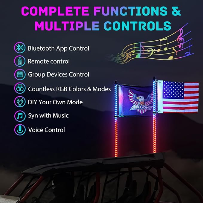 Nilight LED Whip Light 2 PCS 3FT COB RGB Lighted Antenna Whips with Spring Base Remote & App Control DIY Patterns Turn Brake Reverse Lights for Can-am Offroad ATV UTV RZR Polaris Dune Buggy Truck