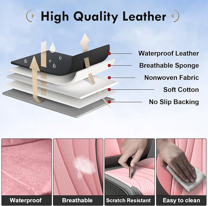 Coverado Car Seat Covers Full Set, Universal Seat Cover for Cars, Luxury Faux Leather Seat Covers, Car Seat Protector Waterproof, Automotive Seat Cover, Car Seat Cushions Fit for Most Cars (Gray&Pink)