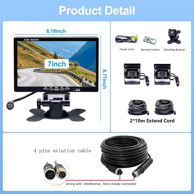 Camecho Vehicle Backup Camera 4 Split Monitor Front View Rear View Camera Auto 18 IR Night Vision Waterproof Aviation 4 Pins Connector LCD Monitor for Trucks RV Trailer Bus