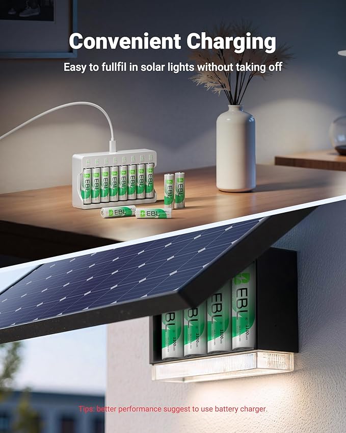 EBL AA Rechargeable Batteries, 1.2V 1100mAh High Capacity AA Battery for Solar Garden Lights (Pack of 8)