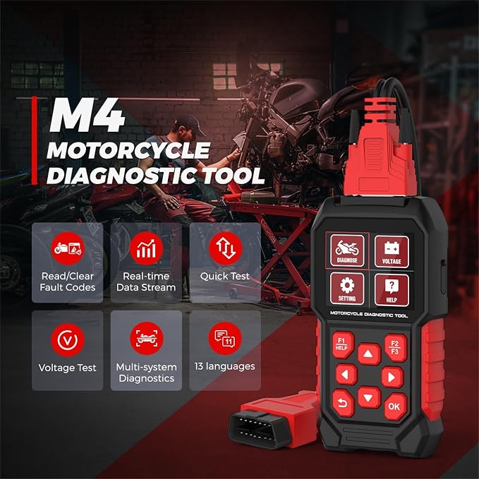 M4 Motorcycle Code Reader Scanner Diagnostic Tool for Suzuki 4-6P, Yamaha/Honda 4P, Kawasaki 1-6P, Gen IV 6P/PGO – Read/Clear Codes, Service Reset, ABS Bleed, OBD2, 17 Languages