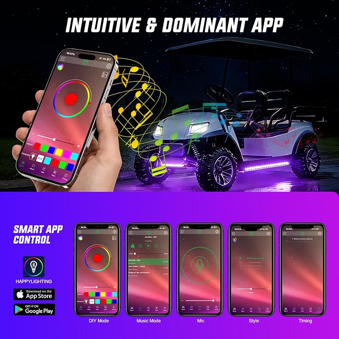Nilight 4PCS Golf Cart Underbody Lights Kit RGB Multi-Mode LED Neon Accent Lighting Lamp APP Remote Control Sound Active Music Sync IP67 Waterproof 12V-66V for EZGO Yamaha Club Car