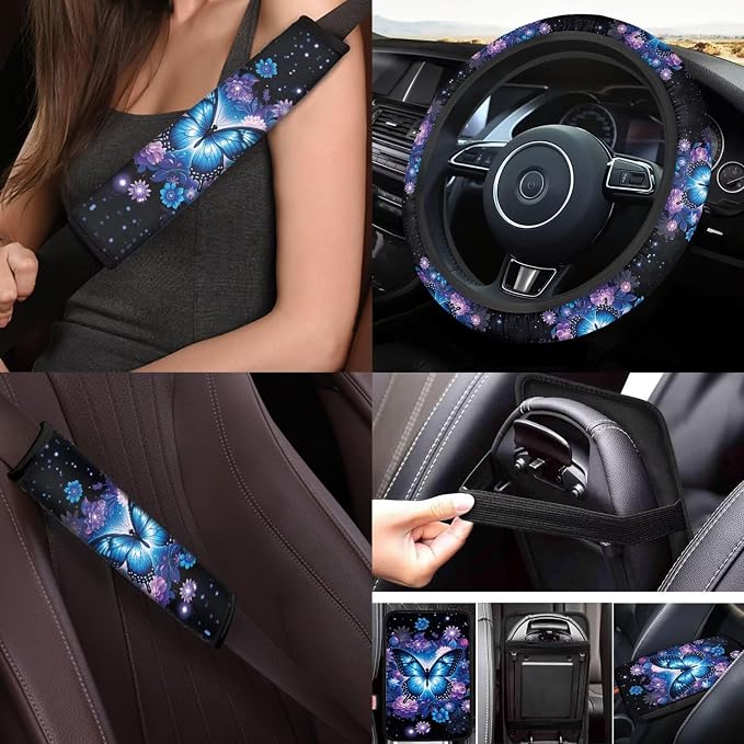 Blue Butterfly Car Seat Covers Full Set of 17 Pcs,Blue Butterfly Car Accessories with Ca Rubber Floor Mats Steering Wheel Cover Armrest Pad Butterflies Automotive Interior Sets,Universal Fit