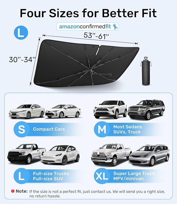 Zanch 2026 Upgraded Car Windshield Sun Shade [Cool Down by 75℉ ] with Heat Insulation Coating, Foldable Sunshade Umbrella with Flexible Handle & Ribs, Large (34''x61'') for Large SUV, Truck, Van