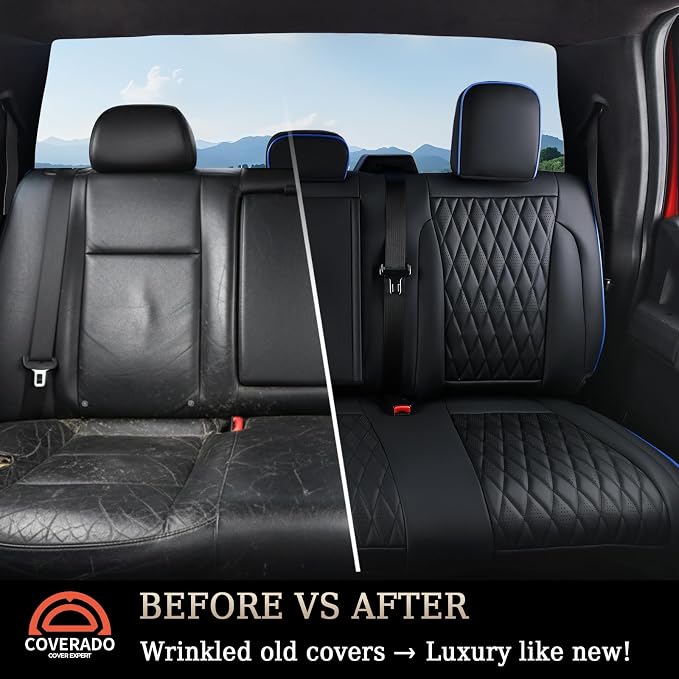 Coverado Leather Rear Seat Covers Fit for Ford F150 F250 F350 F450, Waterproof Ford Truck Rear Seat Covers Fit for 2015-2026 F150 & 2017-2026 F250 F350 F450 (Blueline)