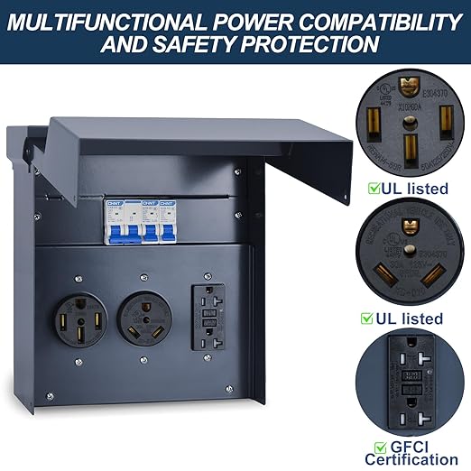 RV Electrical Panel with Breaker, Temporary Power RV Outlet Box, UL 50 30 20Amp Receptacles, Outdoor Weatherproof Metal Enclosure, Easy Setup for Campers, Travel Trailers, Mobile Homes (Blue)