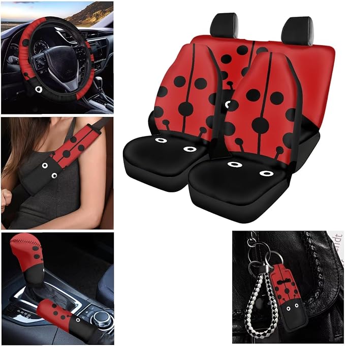 Cartoon Car Seat Covers Full Set for Women Men Steering Wheel Cover Belt Strap Wrap Cover with Cup Holder Coasters Gear Protector Keychains Car Interior Accessories for SUV, Ladybug Red