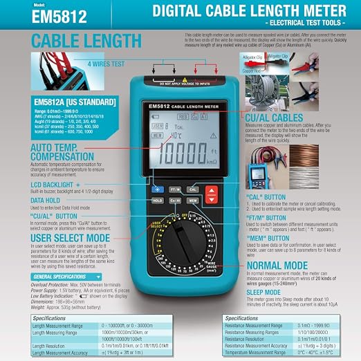 allsun Digital Electric Cable Resistance Tester Cable Wire Length Meter Ohm Resistance Meter Up to 30KM/100000 ft Measured in m㎡(NOT AWG)