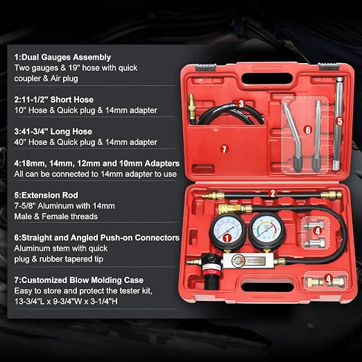 JIFETOR Cylinder Leak Down Tester Kit, Automotive Engine Compression Dual Gauge Leakdown Test Set with 10 12 14 18mm Spark Plugs Universal for Small Engine Motorcycle ATV, Red Case