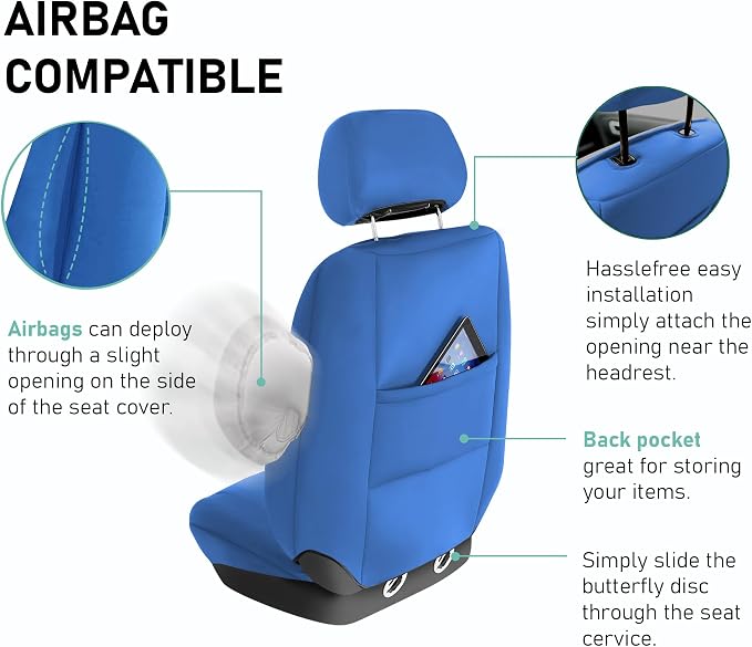 FH Group Neoprene Car Seat Covers - Front Set for Low Back Seats with Removable Headrest, Universal Fit, Airbag Compatible - Solid Blue Seat Covers for SUVs and Vans