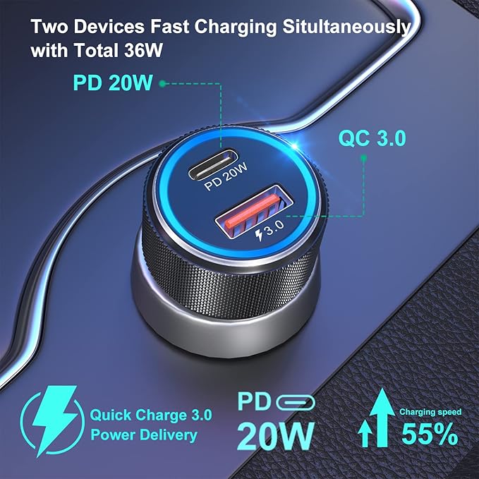 36W Dual Port Car Charger Adapter with 60W USB Type C Coiled Cable PD&QC 3.0 Fast Charging Cigarette Lighter USB Charger for iPhone, Galaxy, Pixel Devices