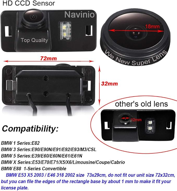 HD IP68 1280Pixels 170° License Plate Light Rear View Reversing Camera Compatible with BMW E82 E90/E90N/E91/E92/E93/M3/E39/E60/E60N/E61/E61N E53/E70/E71/X5/X6/Limousine/Coupe/Cabrio/E88 Convertible