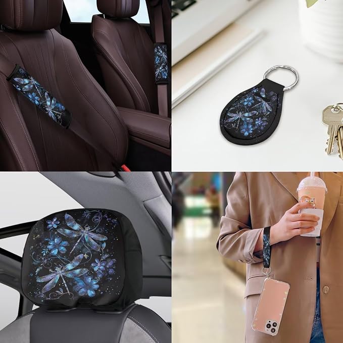 Dragonfly Car Seat Covers Full Set of 18 Pcs Blue Dragonfly Car Accessories Full Set with Steering Wheel Car Covers Cars Headrest Covers Auto Trash Bag Armrest Box Pad,Easy to Install