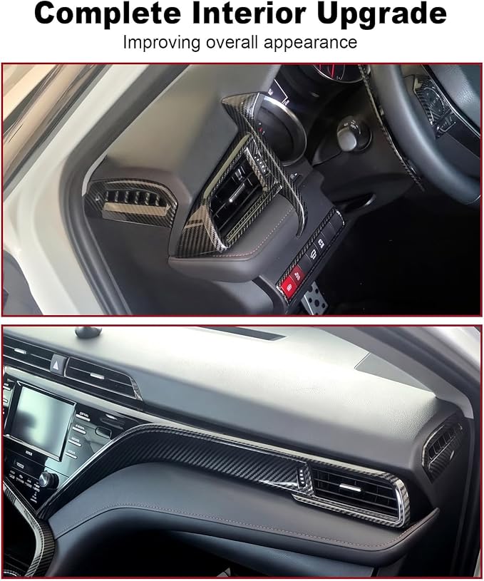 Carbon Fiber Interior Decoration Trim Kit Fit for Toyota Camry 2018-2024 | Dashboard Console Center Frame, Air Vent Trims and Steering Wheel Cover, Black