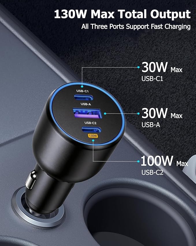 USB C Car Charger, 3-Port 130W Dual USB-C & USB-A Car Charger Adapter PD/QC Super Fast Charging Cigarette Lighter USB Charger Multi Port Car Phone Accessories Charger for iPhone 17, MacBook, Android