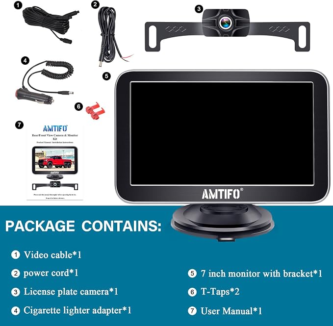 Backup Camera 7-Inch Monitor Truck: 2K USB Plug-Play Easy Set up No Glare-Led Lights Car Rear View Camera Clear Night Vision Reverse Camera DIY Parking Line - AMTIFO A23