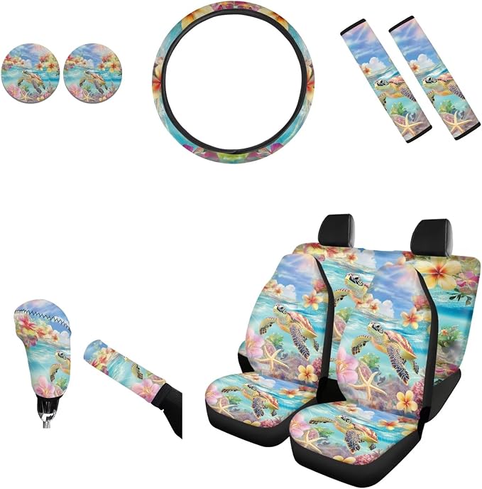 AFPANQZ Sea Turtle Tropical Flower Car Seat Covers with Steering Wheel Cover, Seat Belt Shoulder Pads, Cup Holder Coasters, Gear Shift Knob and Handbrake Protector Cushion Full Set of 11 for Women