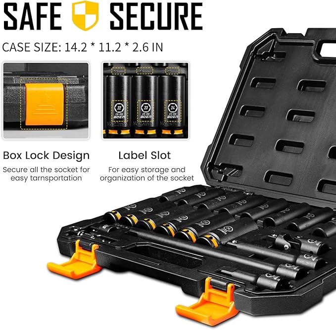 BOEN Pro 1/2" Drive Metric Deep Impact Socket Set, 21-Piece CR-MO &CR-V Steel, Upgraded Torque & Durability, 10mm-24mm, Includes Extension Bars, Universal Joint, Adapter – Meets ANSI