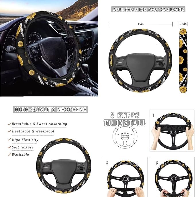 Suobstales Sloth Sunflower Car Accessories for Women Men American Flag Print Car Seat Cover Protector with Steering Wheel Cover,Seat Belt Shoulder Strap Pad, Coasters, Keychains for Car SUV Truck