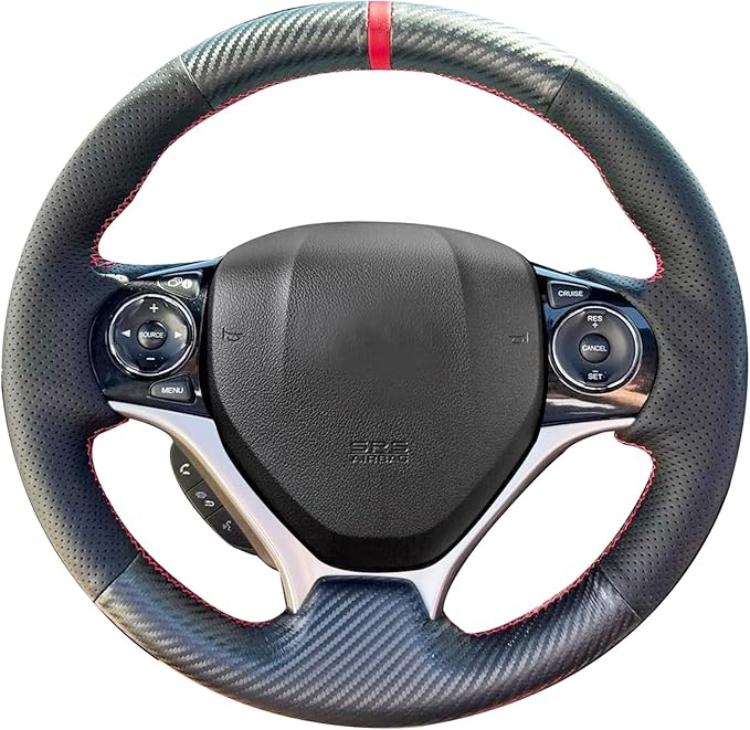 Loncky Carbon Fiber Black Genuine Leather Steering Wheel Cover for Honda Civic 9 Civic 2012 2013 2014 2015 Hand Stitched Custom Fit Car OEM Parts Interior Accessories