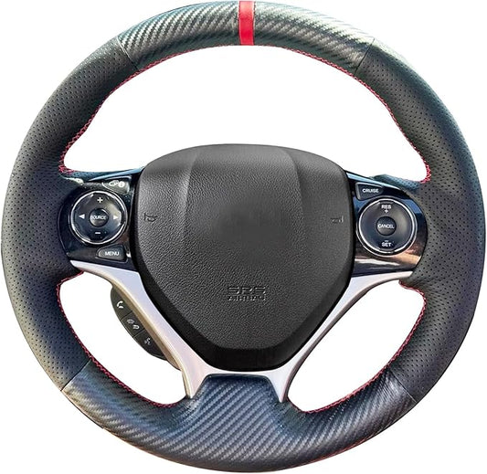 Loncky Carbon Fiber Black Genuine Leather Steering Wheel Cover for Honda Civic 9 Civic 2012 2013 2014 2015 Hand Stitched Custom Fit Car OEM Parts Interior Accessories